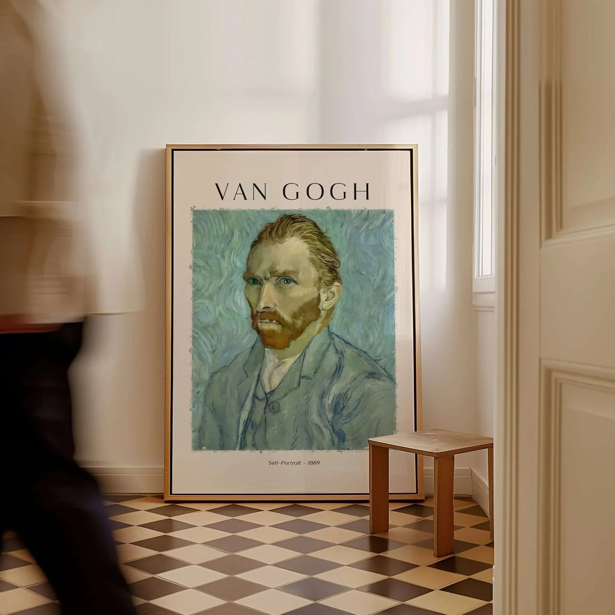 Vincent van Gogh Self Portrait 1889 Blue Post Impressionist Art Print Poster Wall Art in a stylish interior setting.