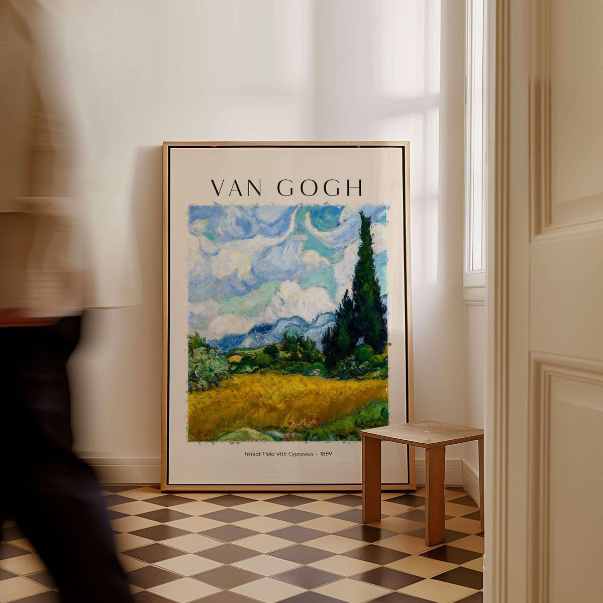 Vincent van Gogh Wheat Field with Cypresses 1889 Landscape Art Print Post Impressionist Poster displayed in a stylish interior.