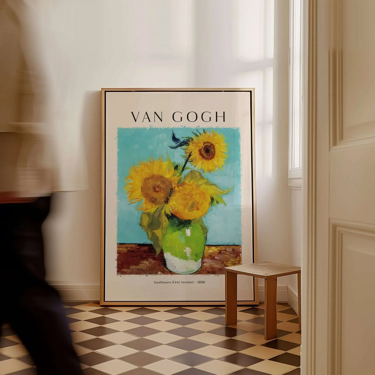 van Gogh Sunflowers Print - Sunflower Wall Art featuring vibrant sunflowers in a green vase against a turquoise background.