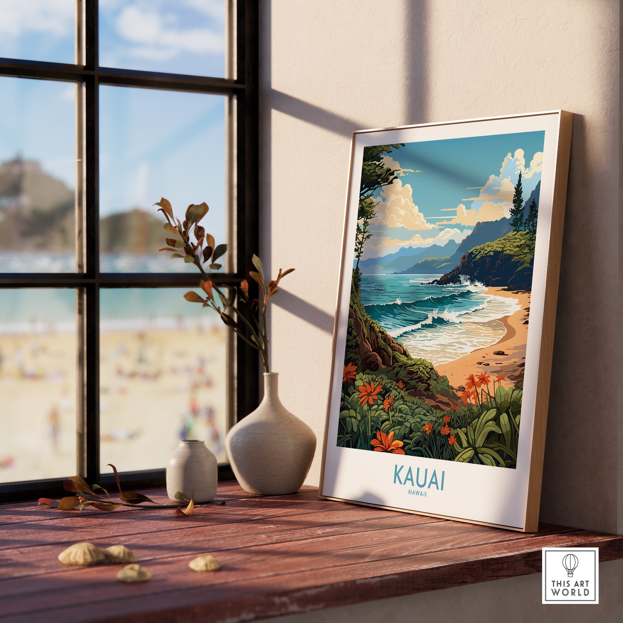 Kauai travel poster showcasing lush beaches and vibrant landscapes of Hawaii in a stylish indoor setting.
