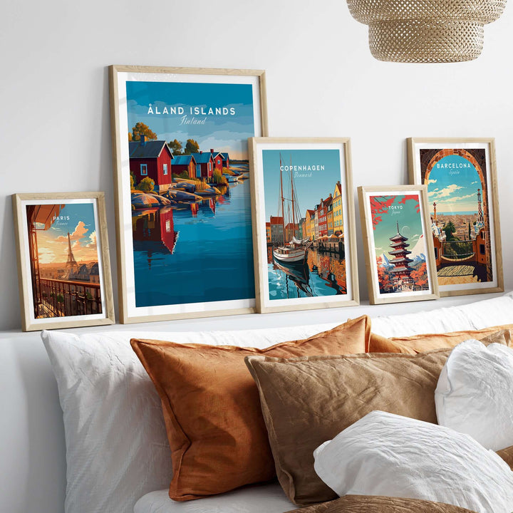 Åland Islands Print | Scandinavian Travel Home Art displayed among other travel prints on a stylish living room wall.
