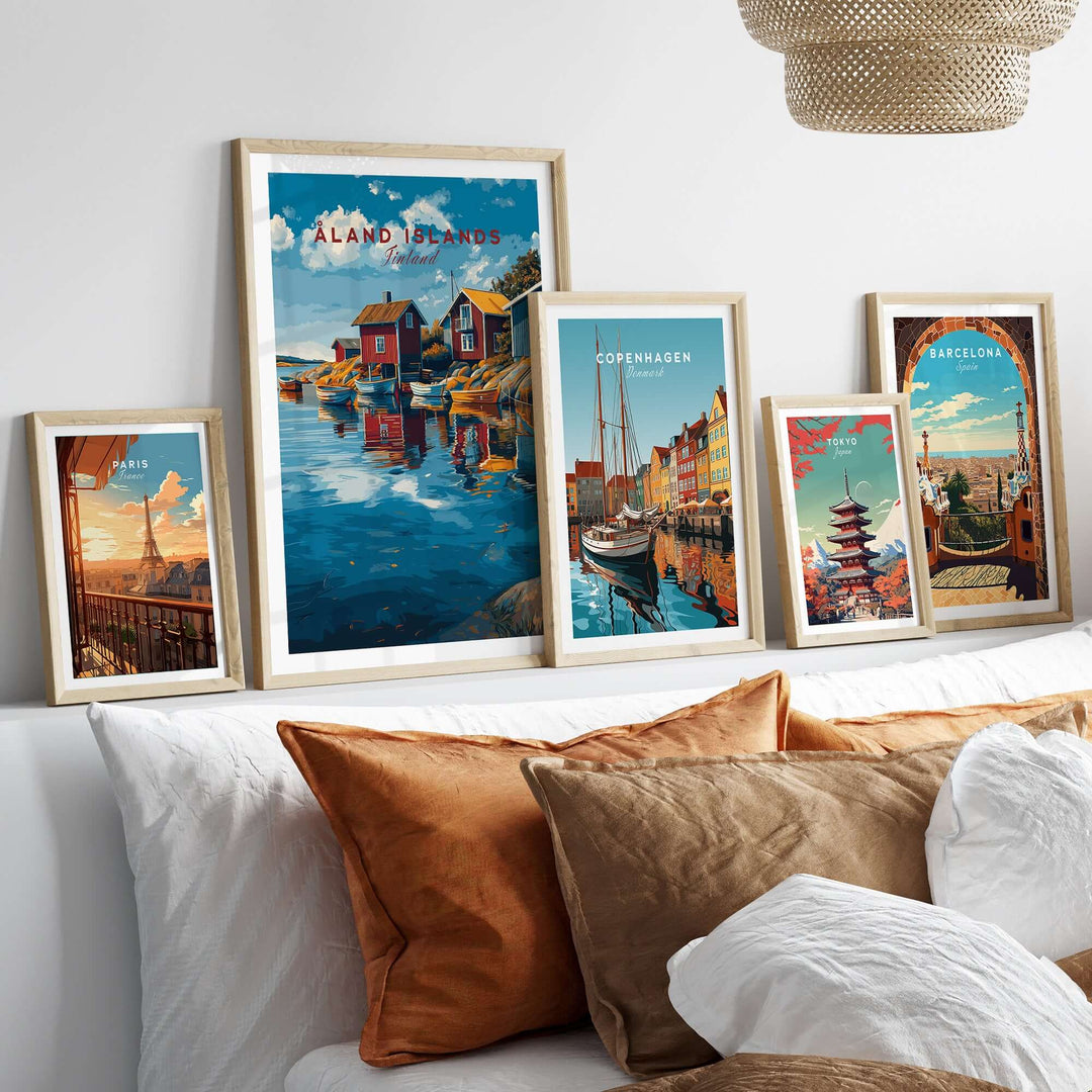 Åland Islands Poster | Scandinavian Sea Wall Decor displayed with other city posters in a cozy living room setting.