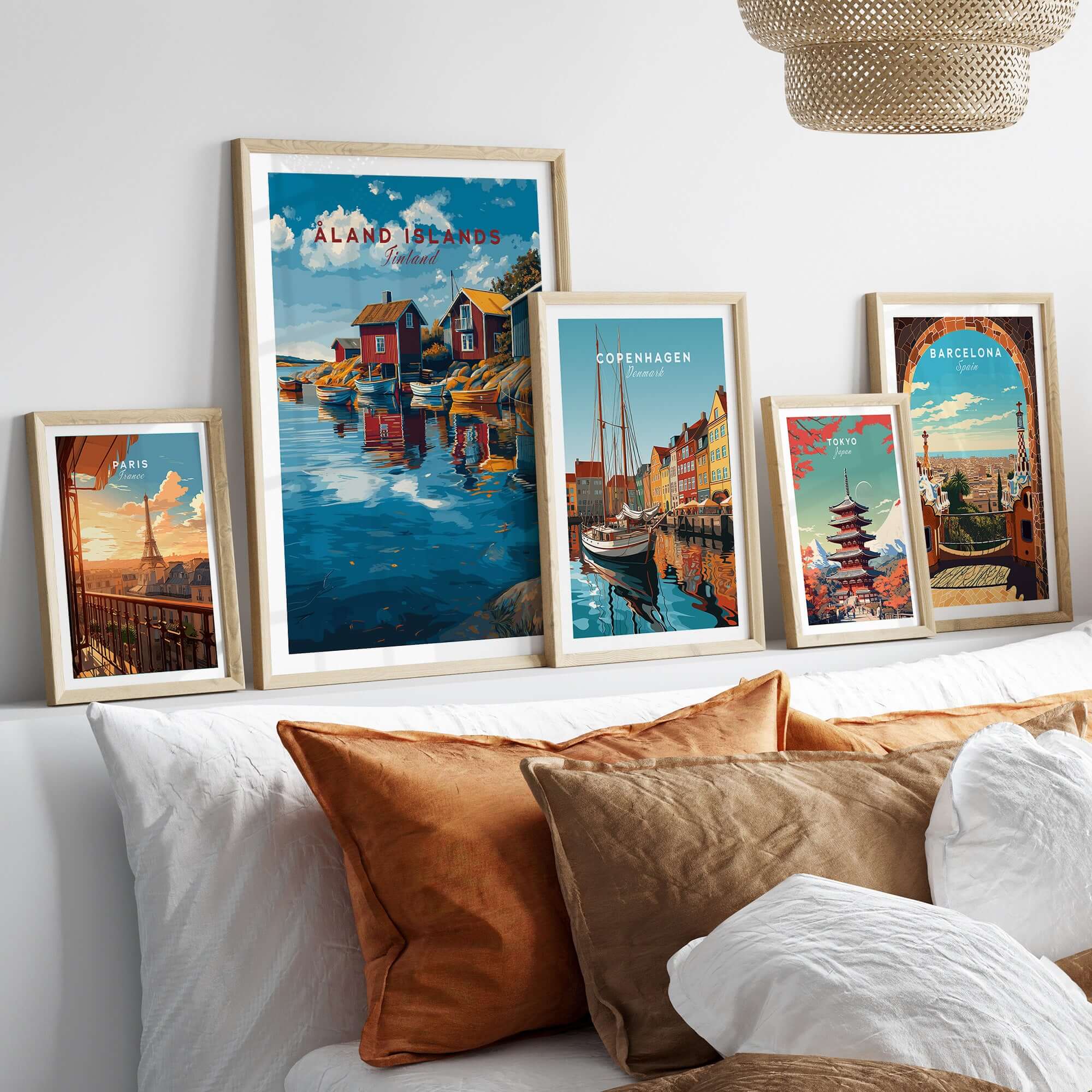 Åland Islands Poster | Scandinavian Sea Wall Decor displayed among other travel-themed wall art in a cozy living room.