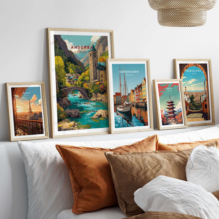 Andorra Valira River Valley Village Print | European Mountain Wall Decor displayed among framed art prints on a stylish wall.