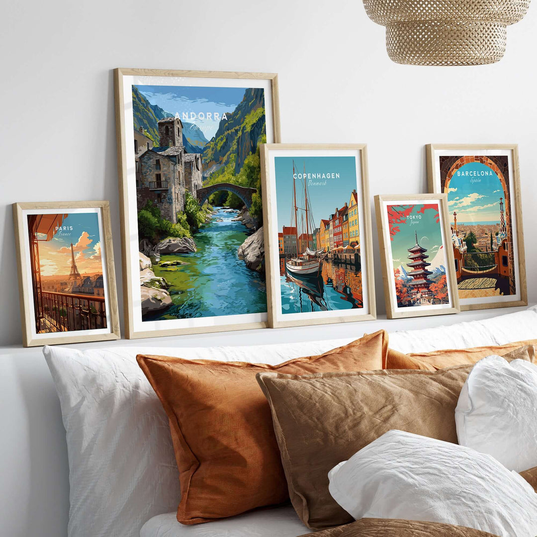 Andorra Poster | European Mountain Valley Decor displayed among other travel-themed art in a cozy living room setting.
