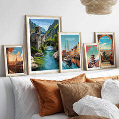 Andorra Poster | European Mountain Valley Decor displayed among other travel-themed art prints on a cozy wall.