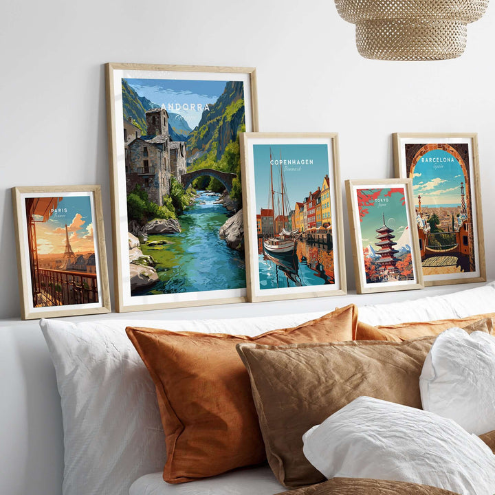 Andorra Poster | European Mountain Valley Decor displayed among other travel-themed art in a cozy living room setting.