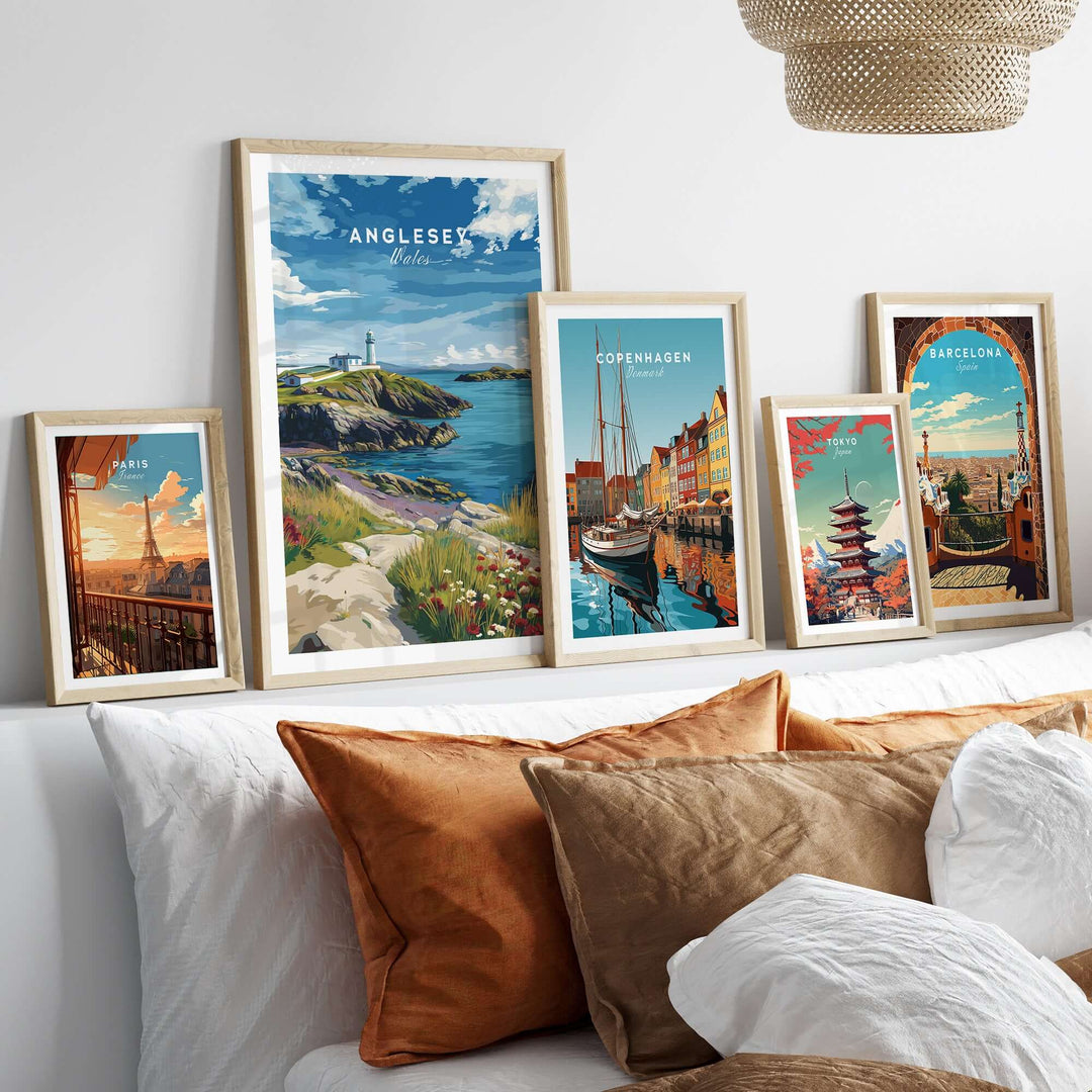 Vibrant Anglesey lighthouse poster displayed on a cozy wall, showcasing coastal wall art and travel destinations.