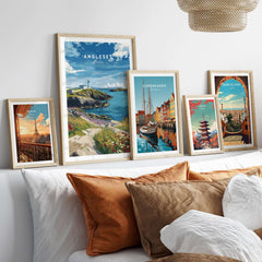 Anglesey Wales Wildflowers Lighthouse Poster - Vibrant Coastal Wall Art displayed among framed travel posters.