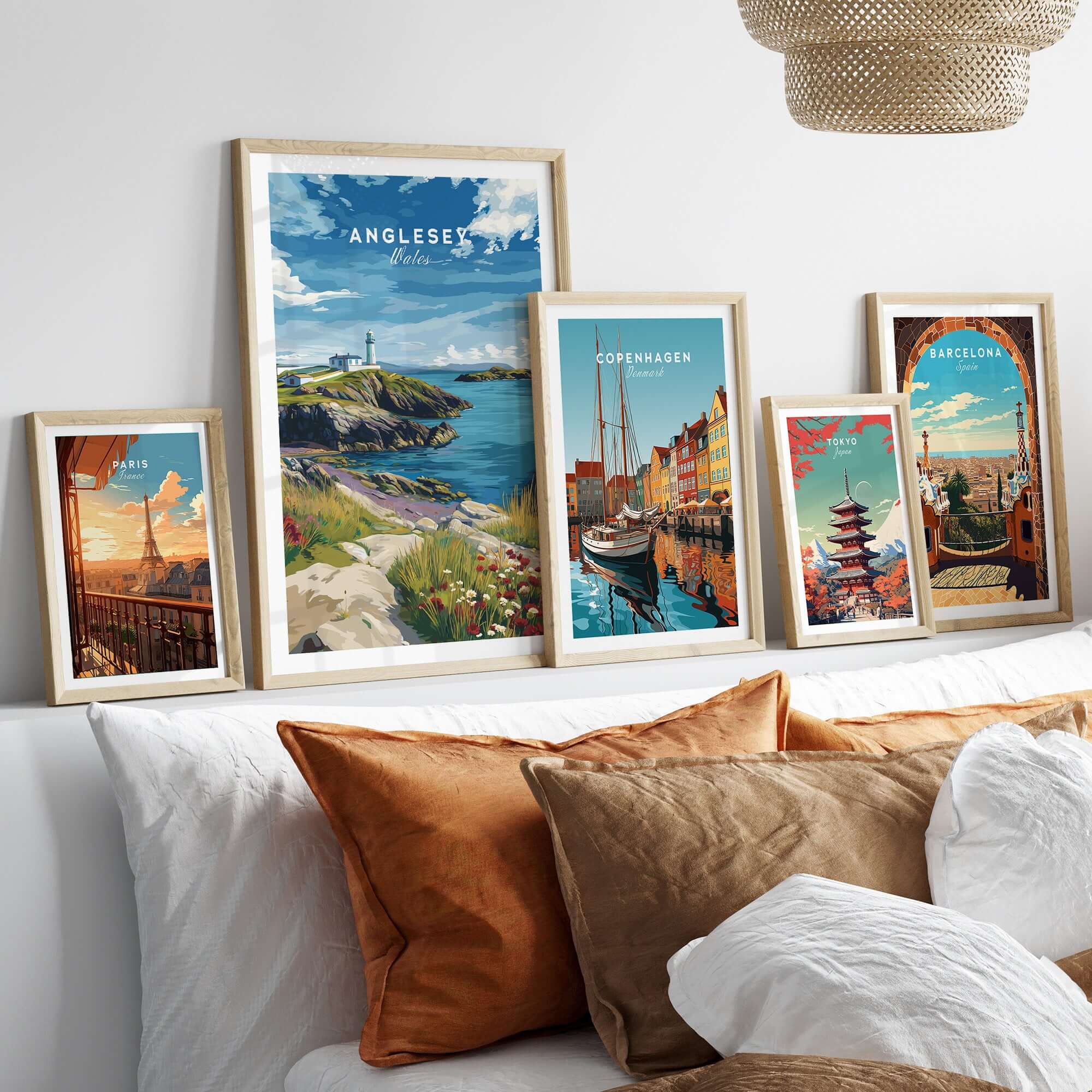 Anglesey Wales Wildflowers Lighthouse Poster - Vibrant Coastal Wall Art displayed among framed travel posters.