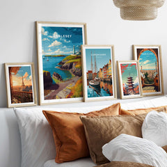 Anglesey Wales Sailboats & Lighthouse Print - Nautical Coastal Wall Art displayed in a stylish living room decor.