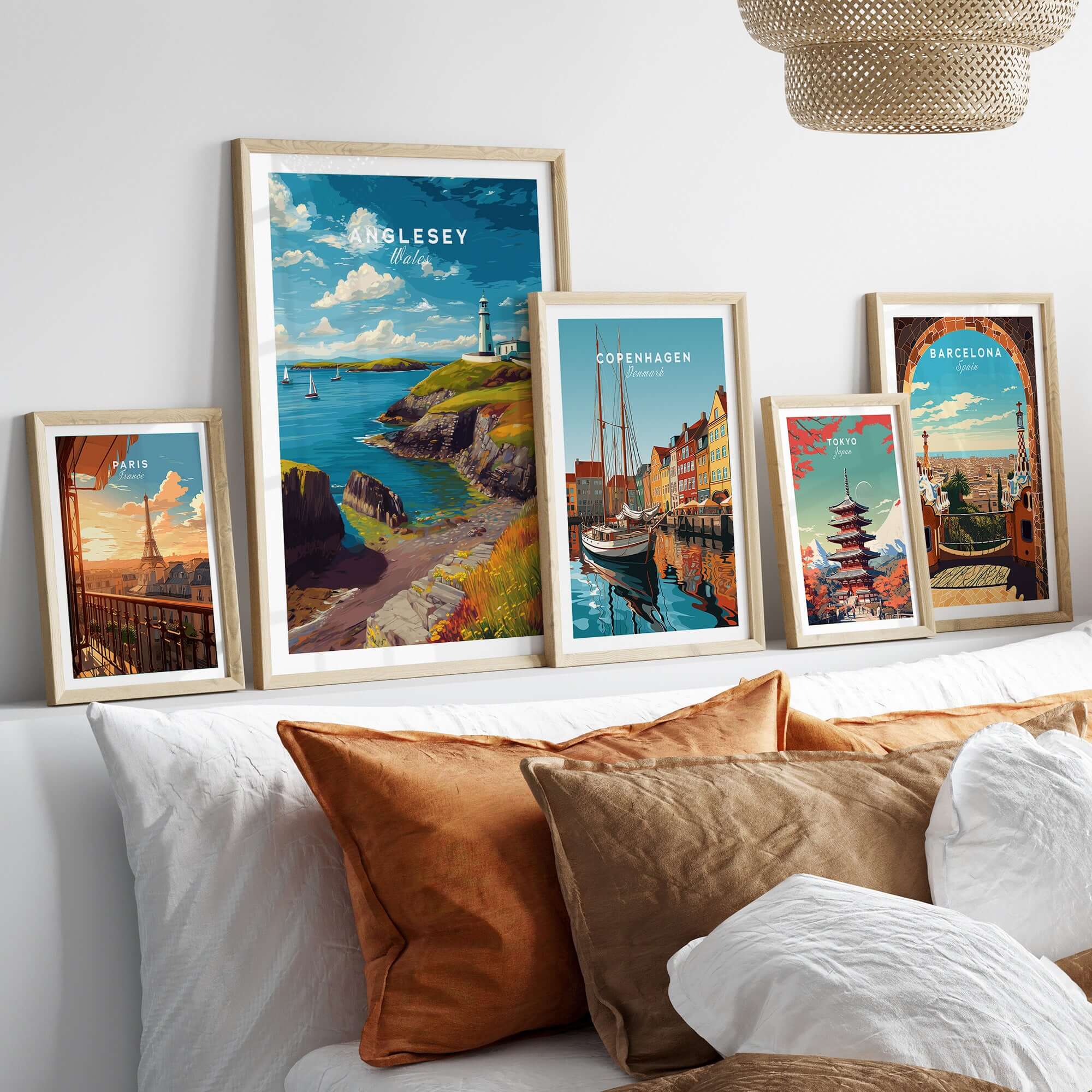 Anglesey Wales Sailboats & Lighthouse Print - Nautical Coastal Wall Art displayed in a stylish living room decor.