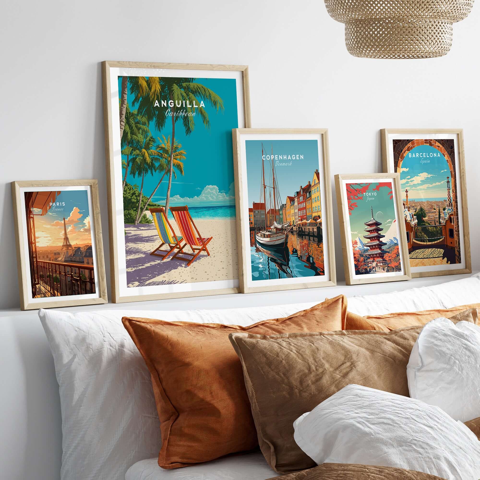 Anguilla Caribbean Wall Art - Tropical Island Print showcased in a styled living room with other travel-themed prints.
