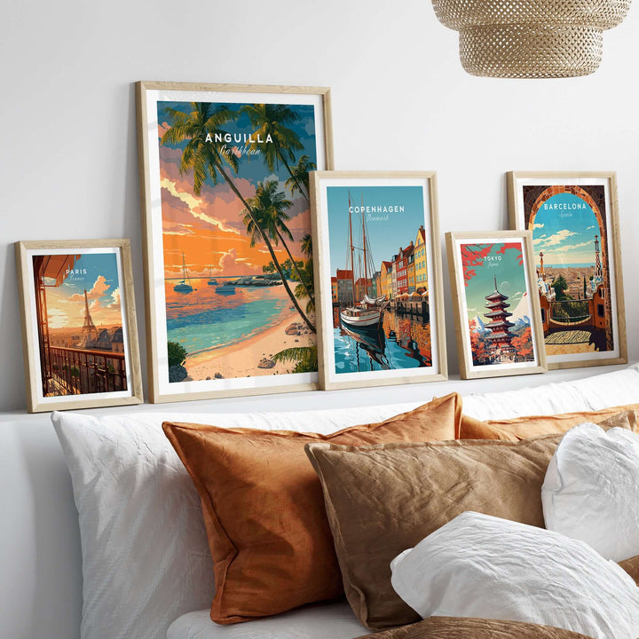 Anguilla poster with Caribbean sunset and vibrant beach scene, displayed among cityscape art prints.