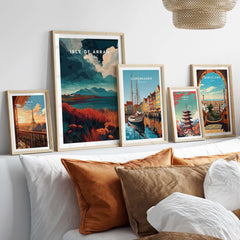 Isle of Arran Scotland Wall Art - Rugged Scottish Highlands Print alongside other city wall art on a stylish interior wall.