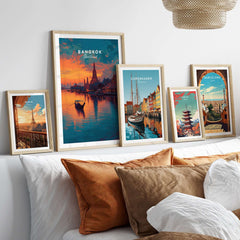 Bangkok Thailand Wat Arun Sunset Reflection Print - Temple of Dawn Wall Art displayed among other city prints in a cozy setting.