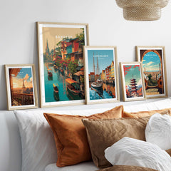 Bangkok Thailand Klong Canal Houses Print - Traditional Thai Village Wall Art displayed in a serene home setting with other city prints.