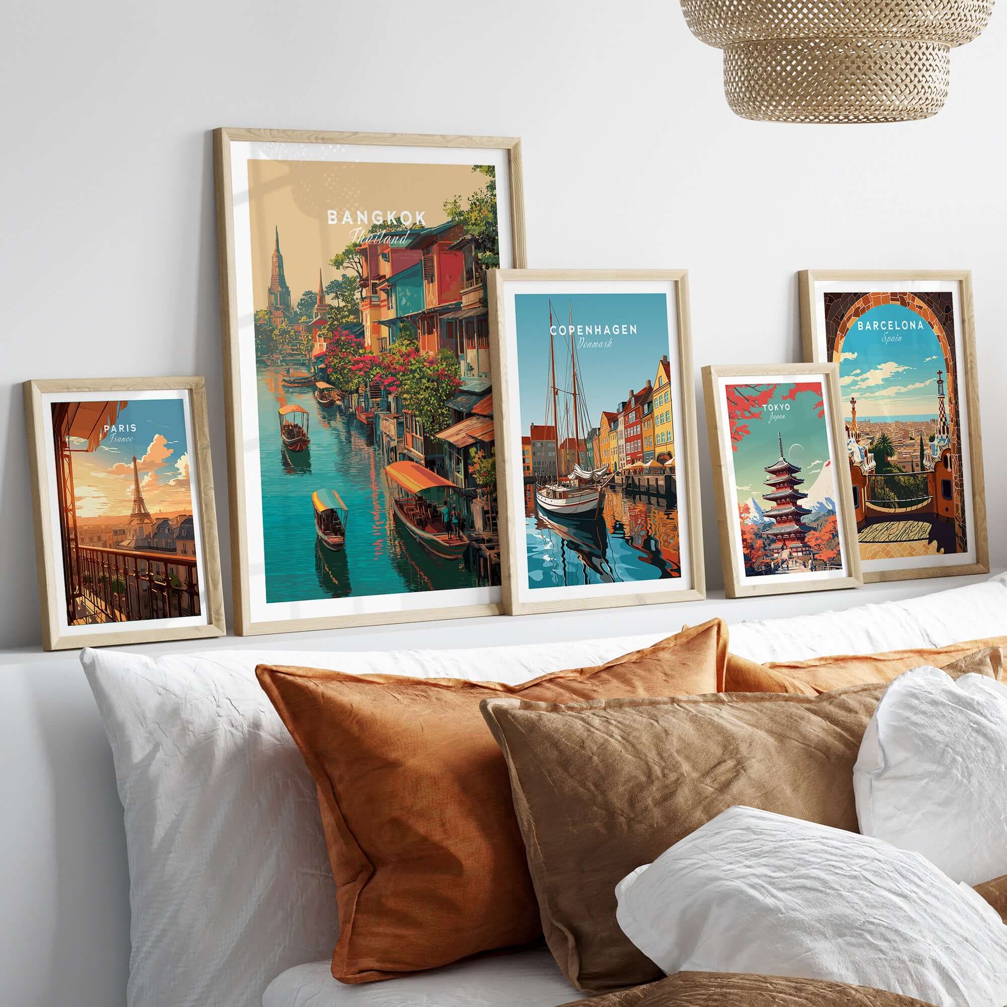 Bangkok Thailand Klong Canal Houses Print - Traditional Thai Village Wall Art displayed in a serene home setting with other city prints.