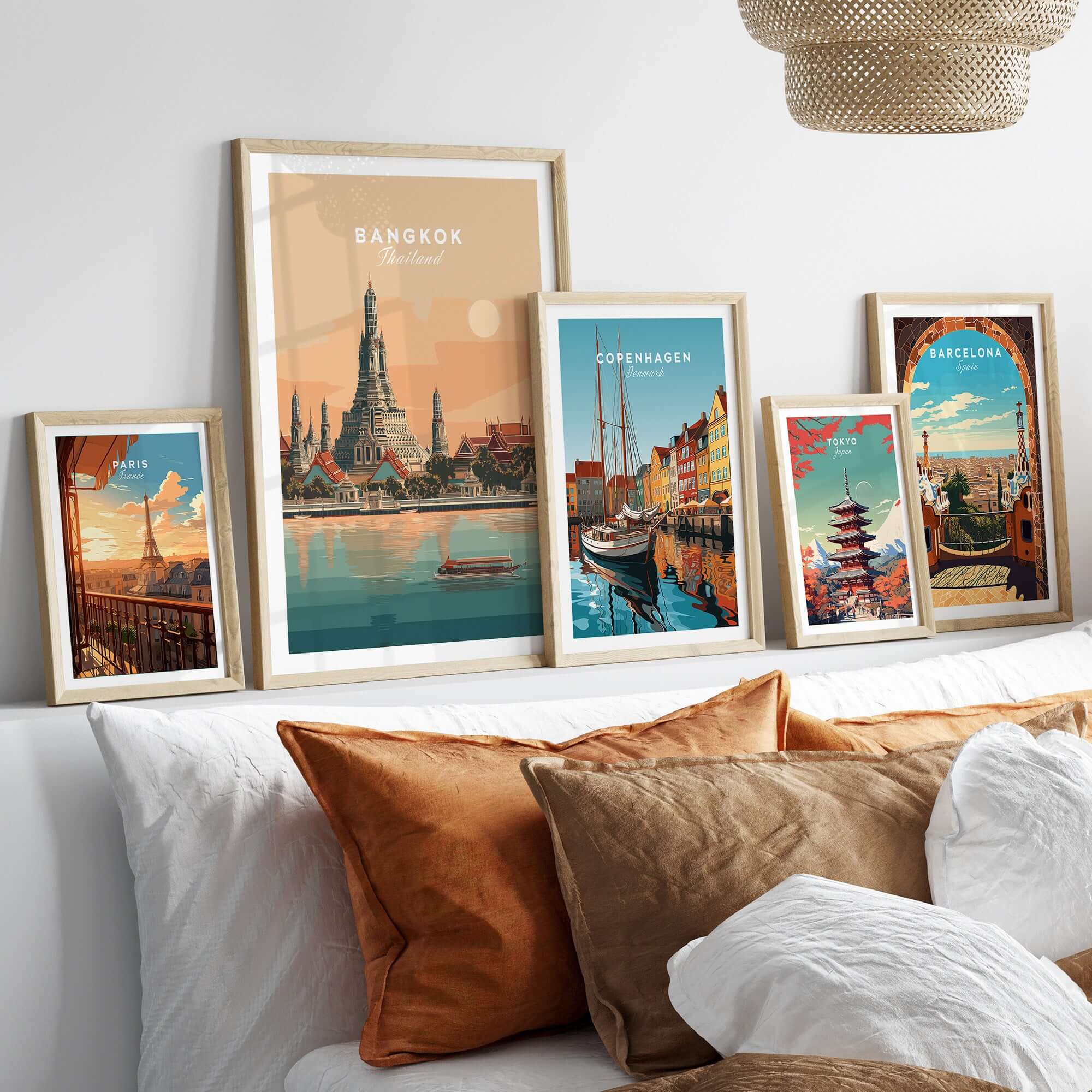 Bangkok Print Thailand Wat Arun Temple - Chao Phraya River Wall Art displayed in a modern home decor setting.