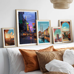 Bangkok Thailand Print Night Market Street -Thai Cityscape Poster alongside vibrant cityscape prints on a cozy wall.