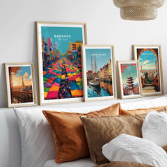 Bangkok Thailand Poster Colorful Market Tents - Vibrant Street Market Print displayed in a stylish gallery wall setting.