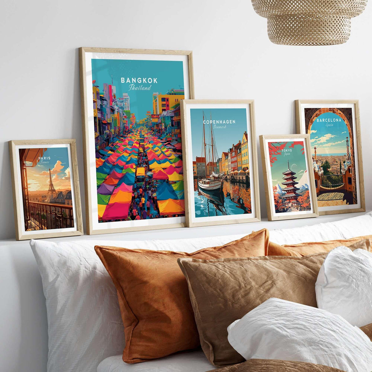 Bangkok Thailand Poster Colorful Market Tents - Vibrant Street Market Print displayed in a stylish gallery wall setting.