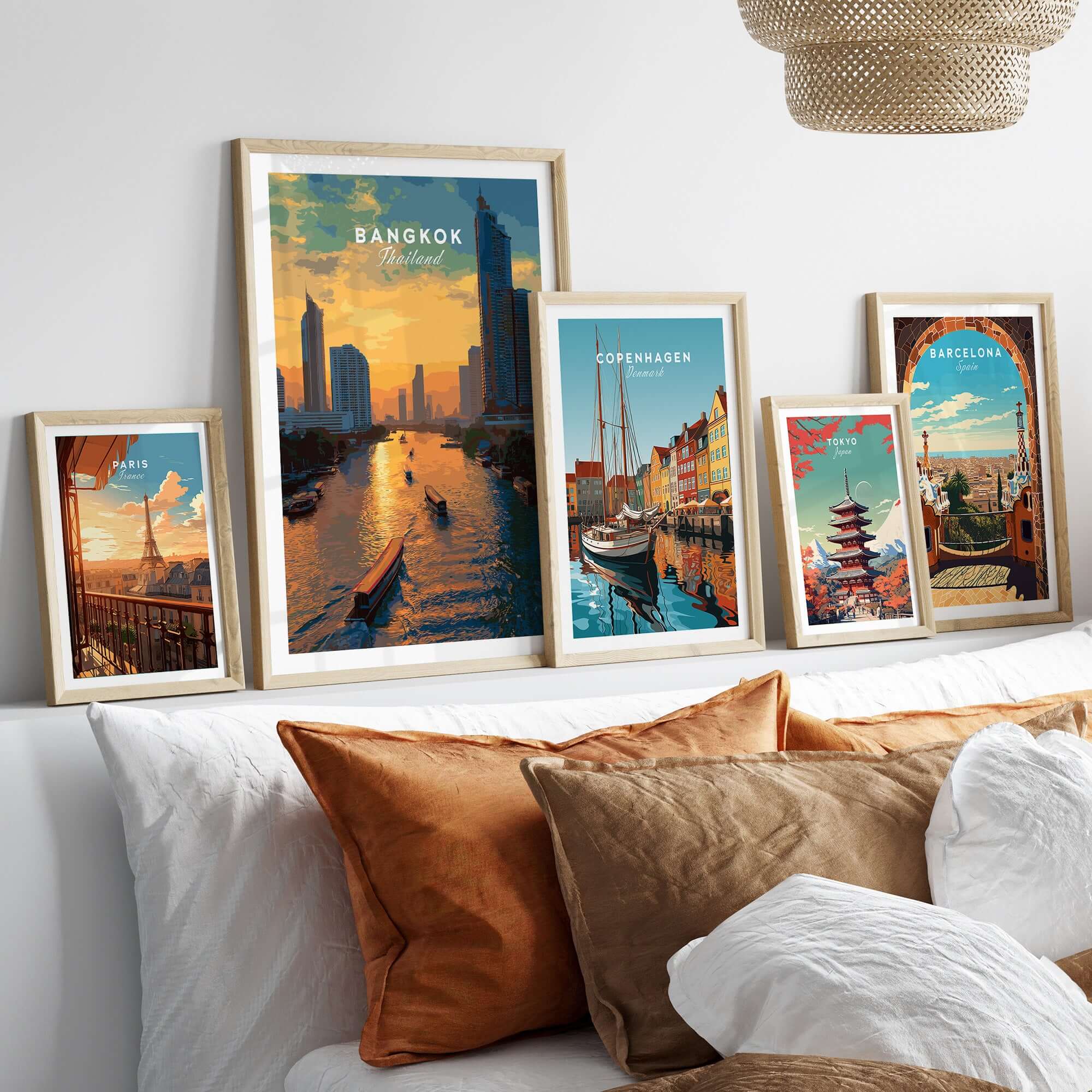 Bangkok Thailand River Boats Skyline Print - Chao Phraya Sunset Poster displayed in a stylish home setting.