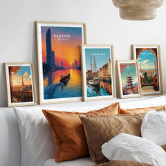 Bangkok Sunset Poster Thailand Longtail Boat - River City Skyline Print displayed on a cozy sofa with decorative pillows.