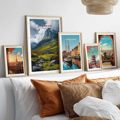 Ben Nevis Scotland Art Print Stream & Mountain - Rugged Scottish Landscape Poster displayed among framed art on a cozy couch.