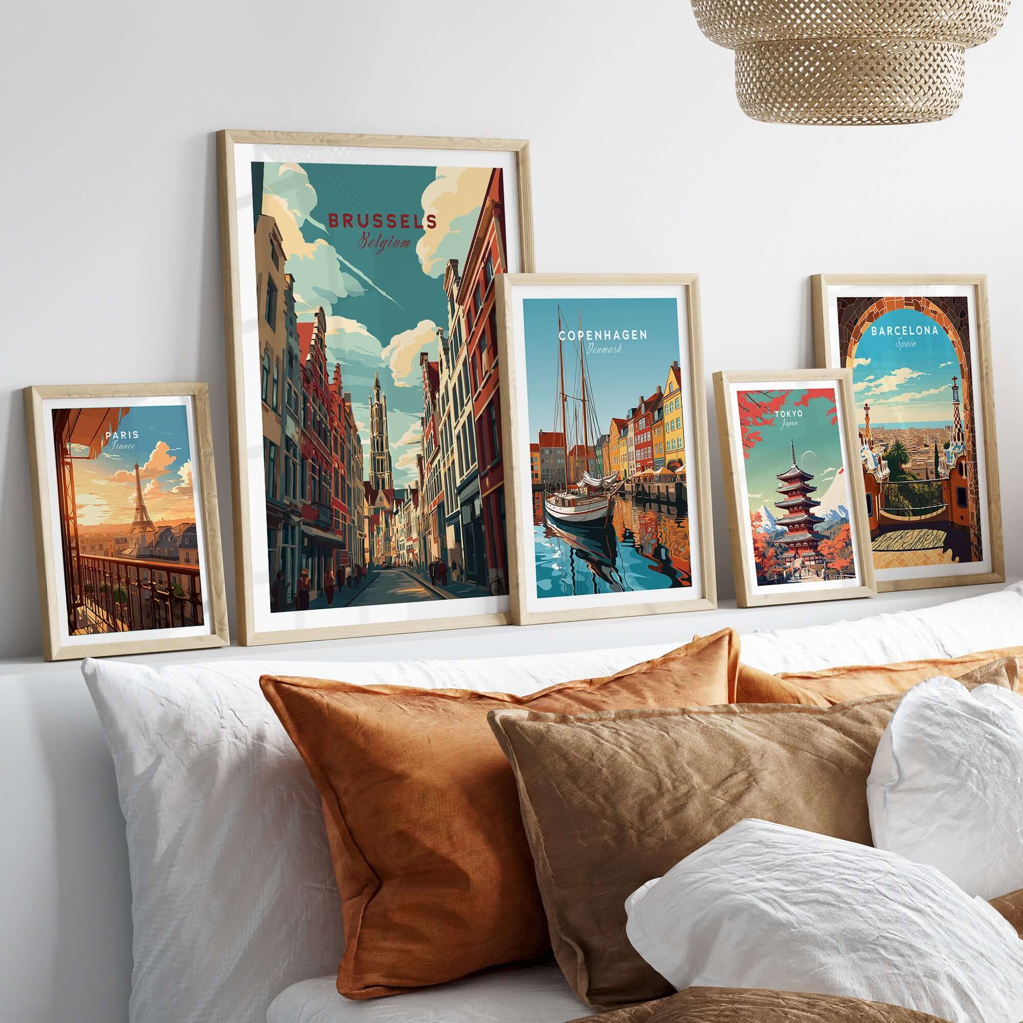 Brussels Belgium Grand Place Street Art - Historic European City Poster collection displayed in a cozy living room.