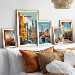 Brussels Belgium Tram Cityscape Poster - Vibrant European Street Scene displayed in frames on a stylish wall.