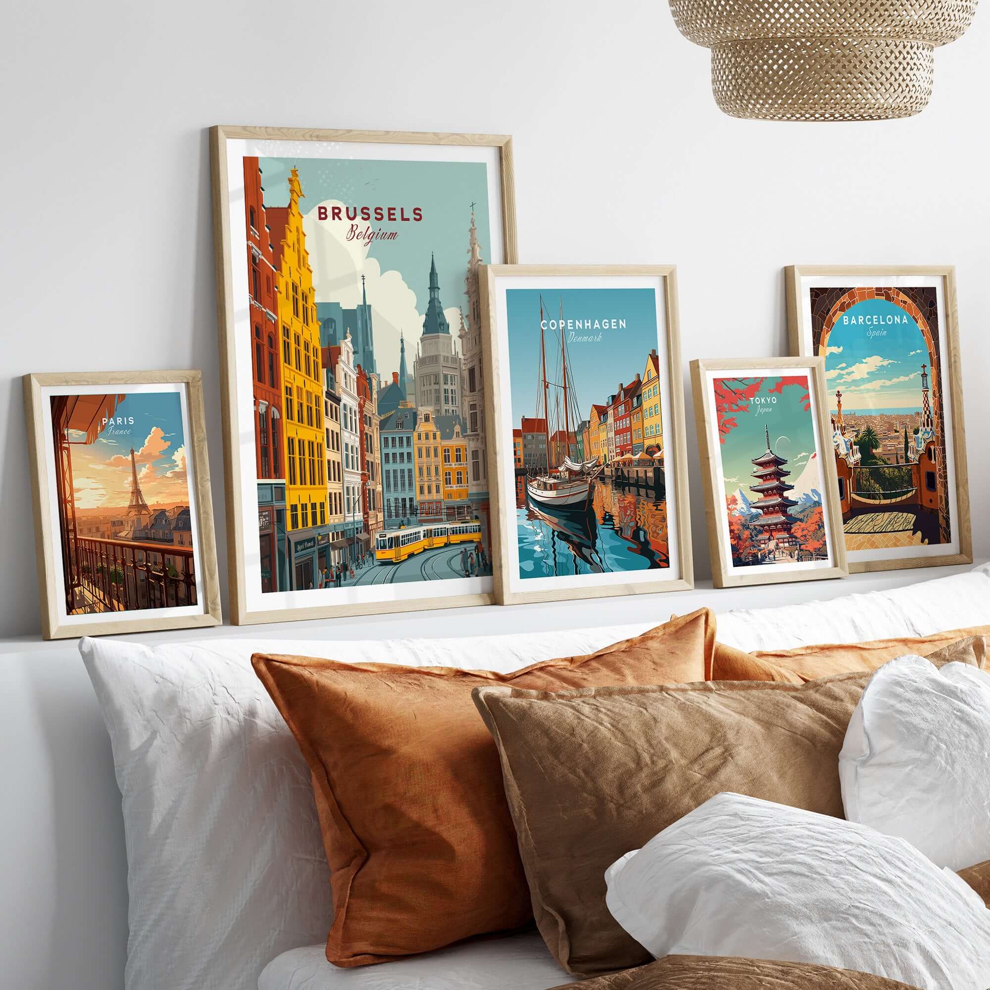 Brussels Belgium Tram Cityscape Poster - Vibrant European Street Scene displayed in frames on a stylish wall.