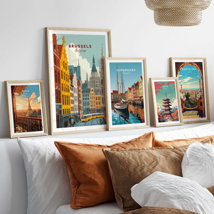 Vibrant Brussels Belgium tram cityscape poster among framed European city posters in a stylish home setting.
