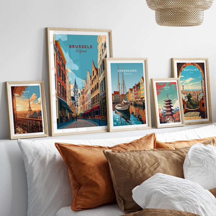 Brussels print along with other cityscape posters displayed in a cozy living room setting.