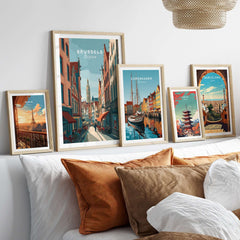 Brussels Belgium Art Print - Grand Place Poster and other city art prints displayed in stylish frames on a cozy bed.