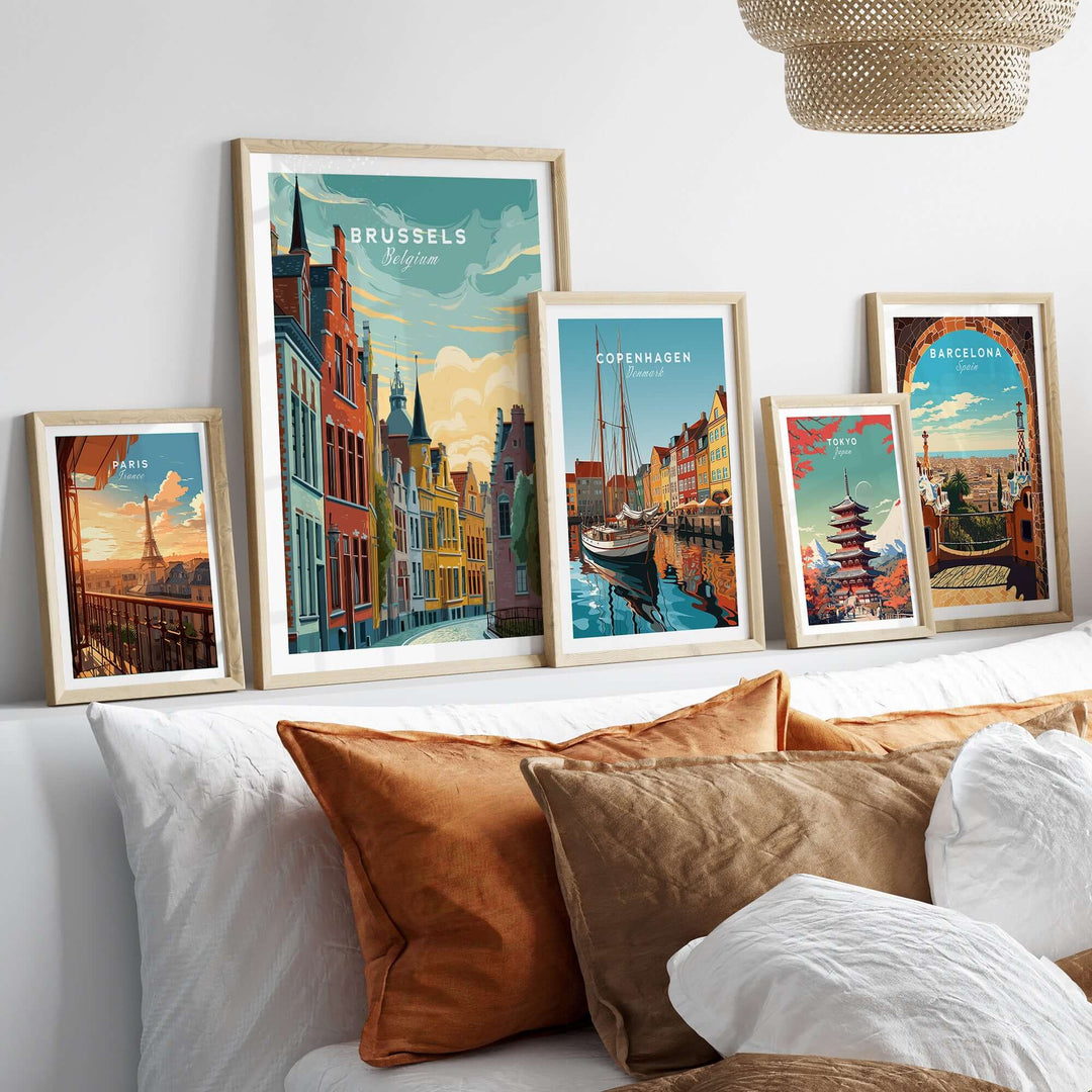 Brussels Belgium historic houses sunset poster and iconic architecture prints in framed artwork display.