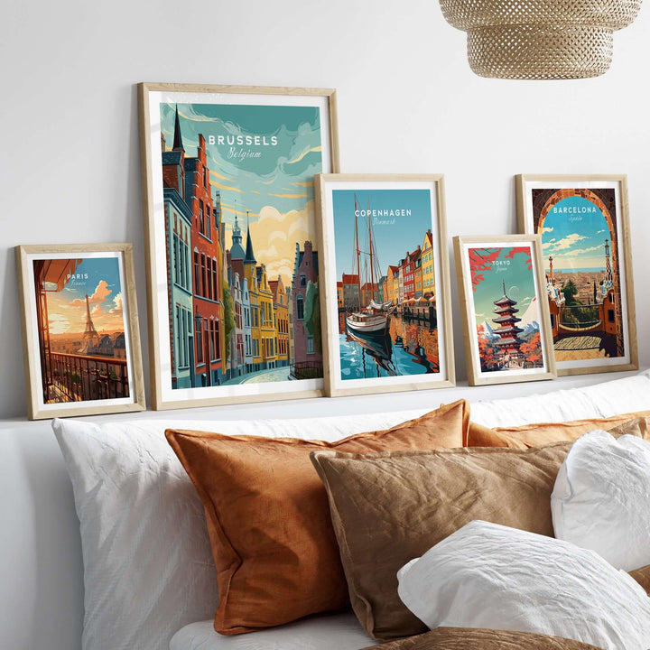 Brussels Belgium historic houses sunset poster and iconic architecture prints in framed artwork display.