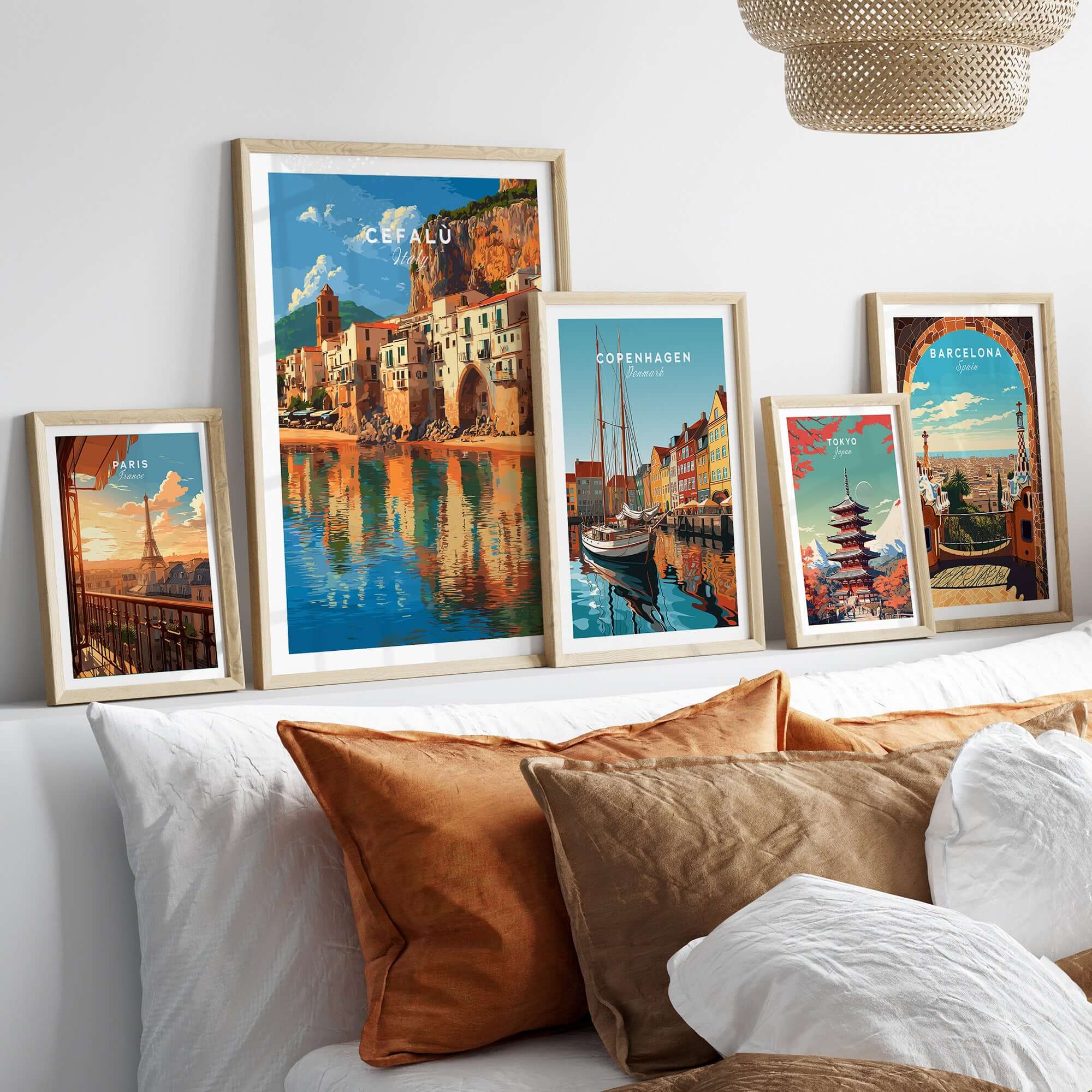 Cefalù Italy Travel Print - Sicilian Village Wall Art displayed among other travel prints in a cozy living space.