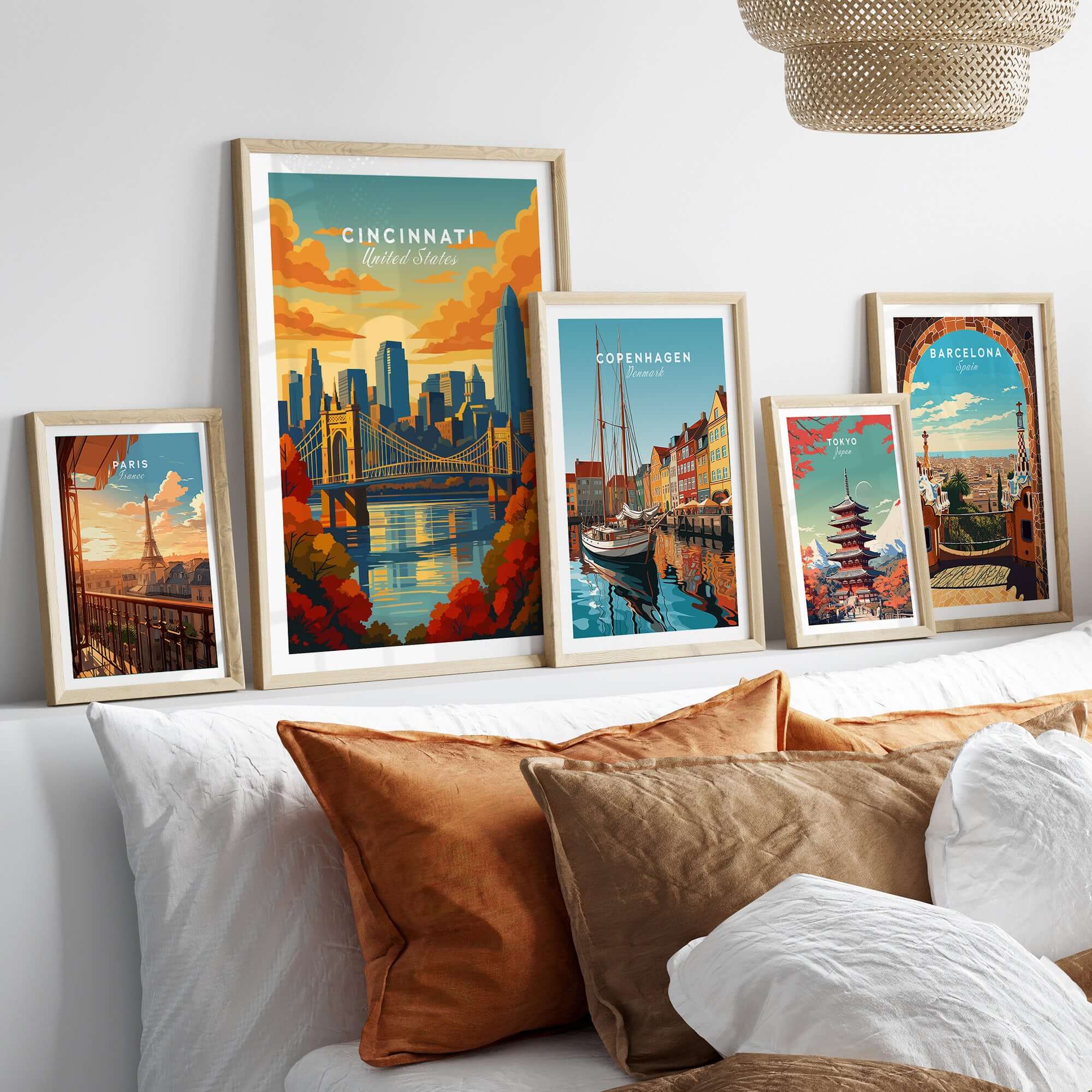Cincinnati Sunset River Reflection Poster - Roebling Bridge Wall Art displayed in a stylish interior with other city posters.