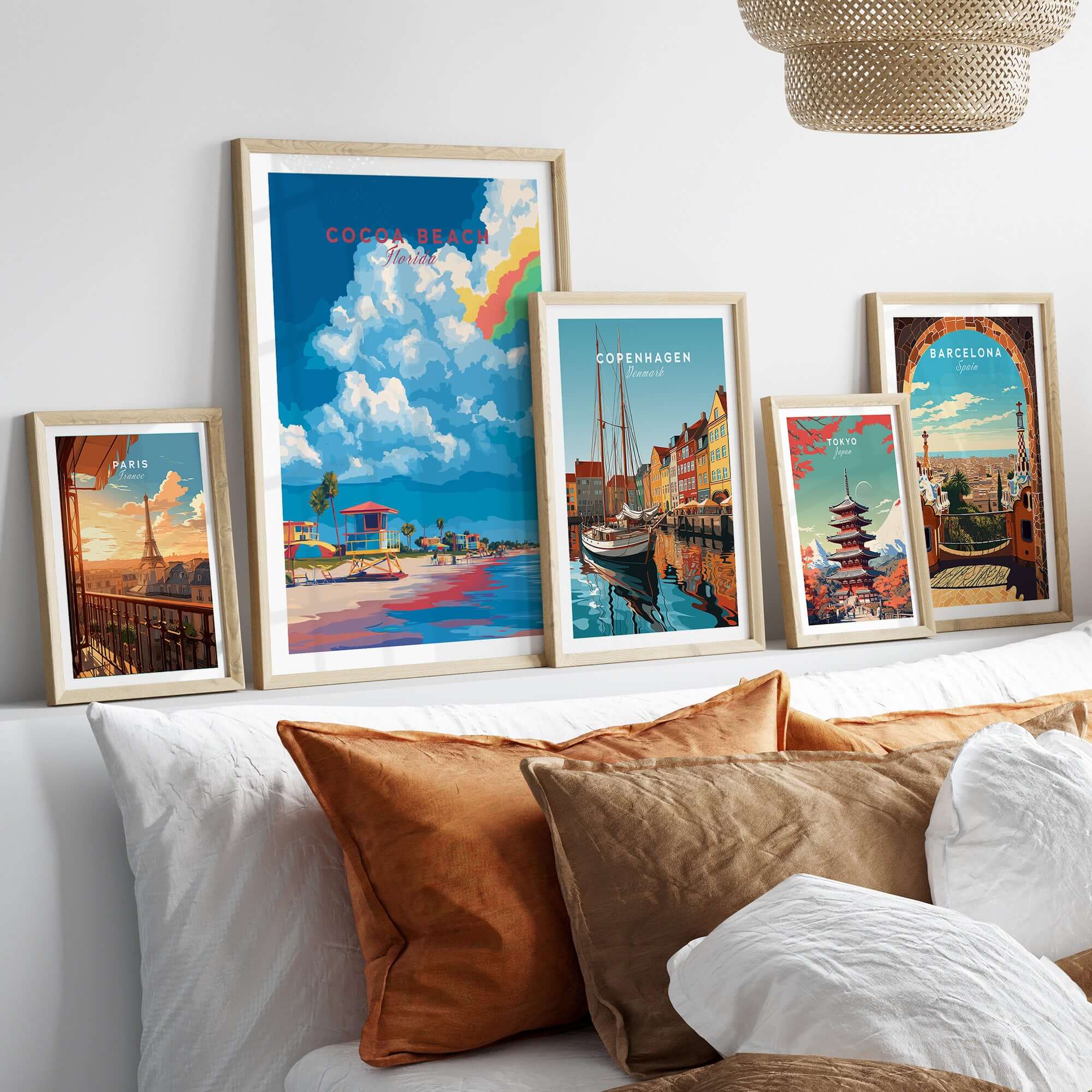 Cocoa Beach Lifeguard Stand Print - Florida Beach Wall Art displayed among other travel prints in a stylish interior setting.