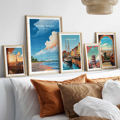 Cocoa Beach Florida Rocket Launch Print - Space Coast Wall Art displayed among other travel-themed prints on a stylish wall.