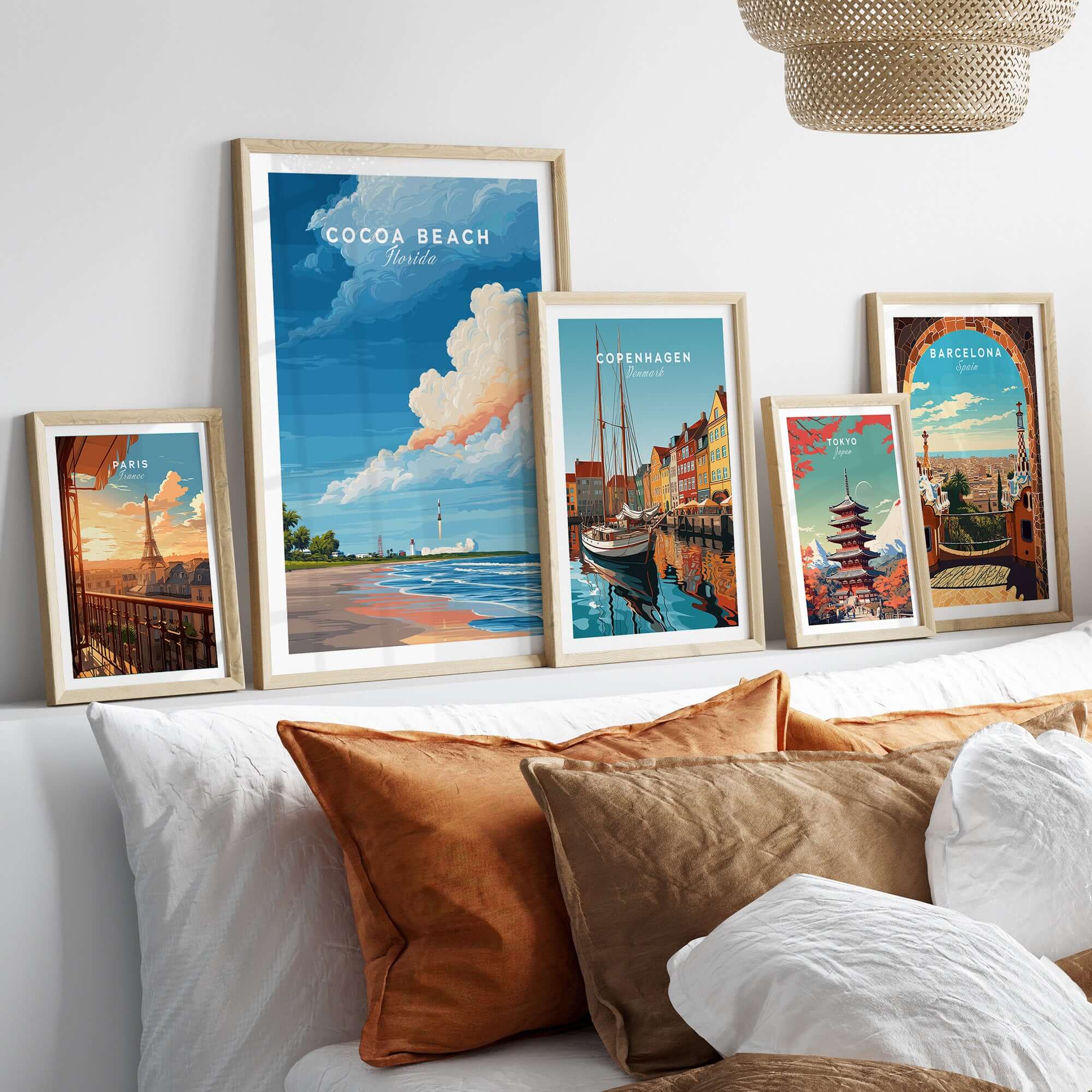 Cocoa Beach Florida Rocket Launch Print - Space Coast Wall Art displayed among other travel-themed prints on a stylish wall.