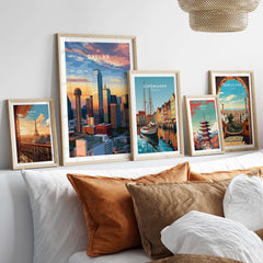 Dallas Texas Reunion Tower Skyline Poster - Downtown Cityscape Print displayed among various city posters.