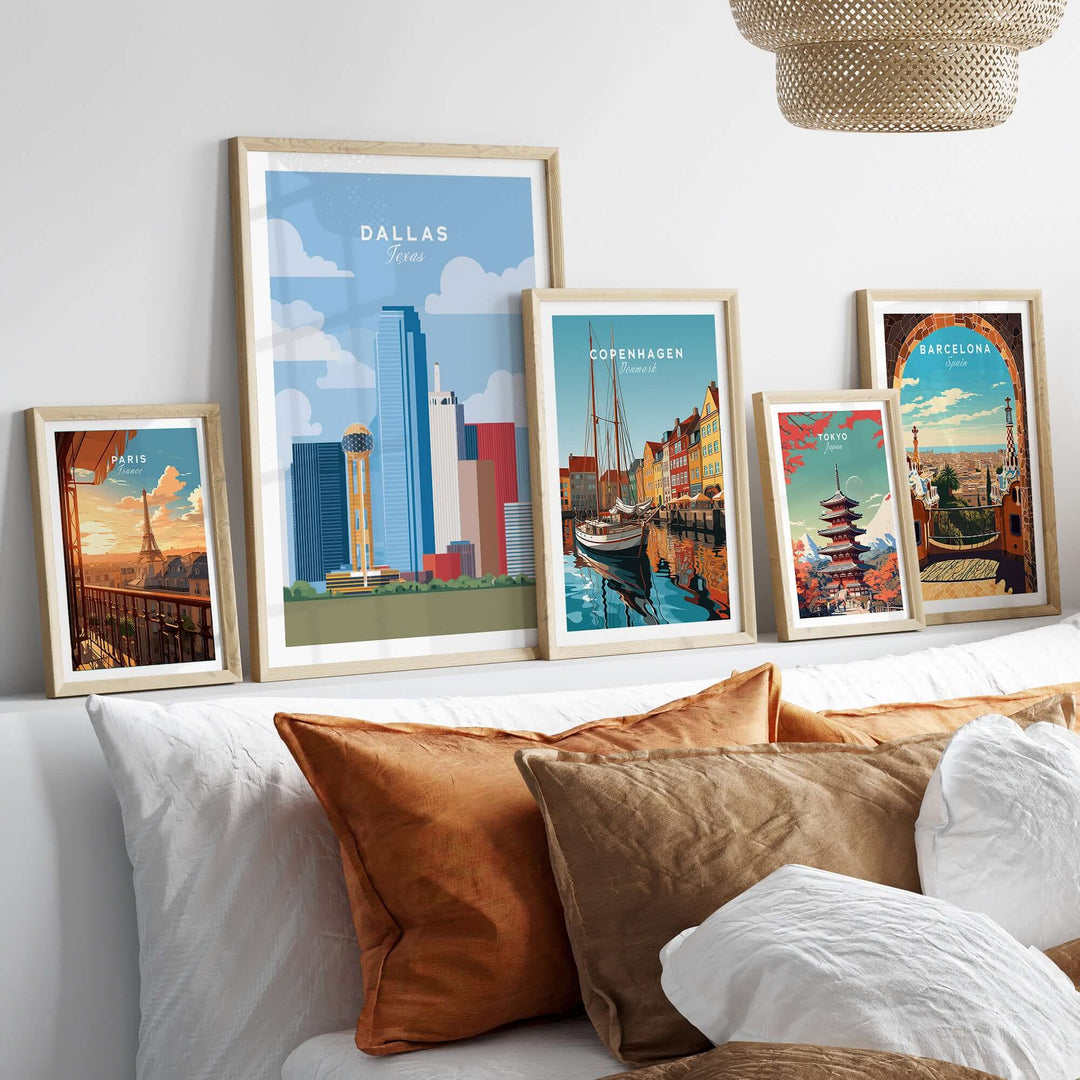 Dallas Texas skyline print featuring Reunion Tower showcased among other cityscape artworks on a stylish wall.