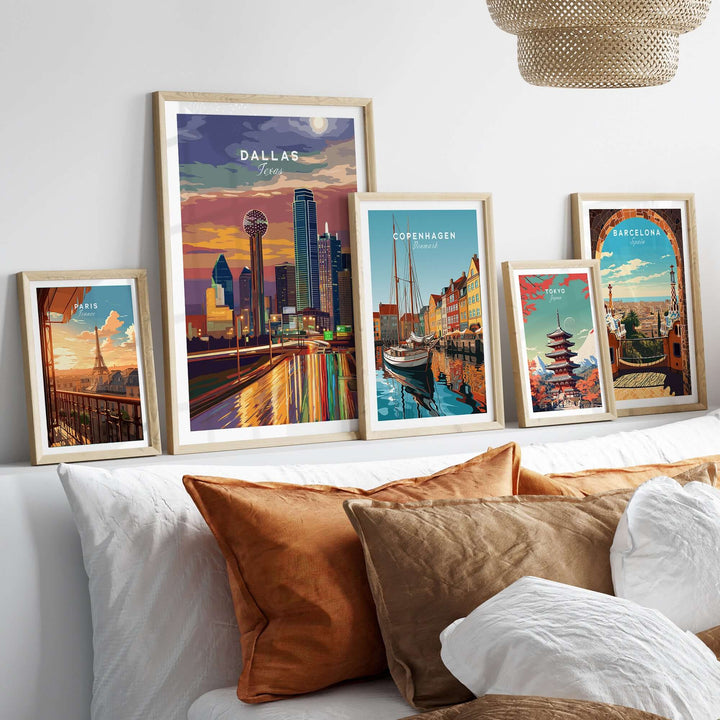 Dallas Texas Highway Night Lights poster among other city prints on a stylish couch setup.