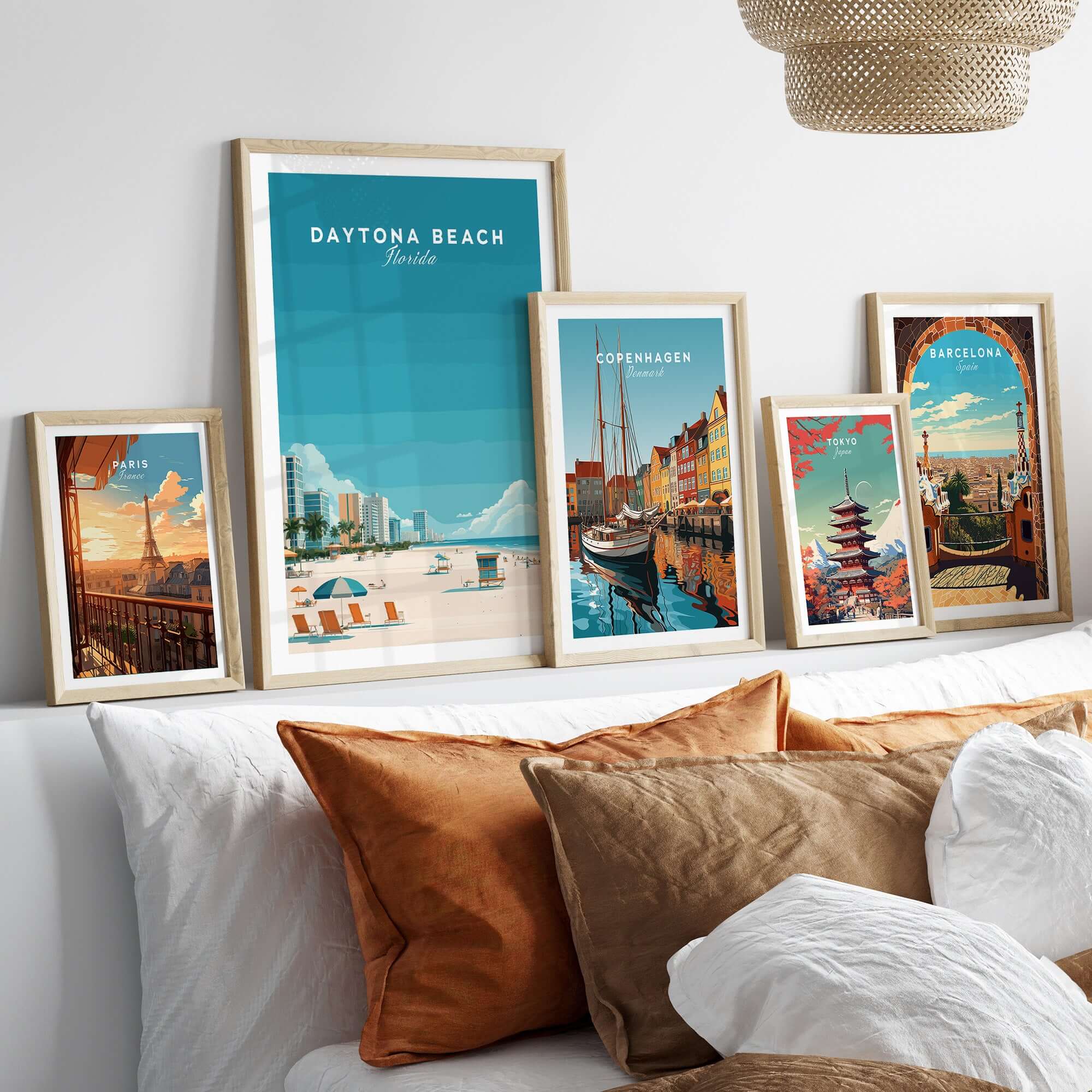 Daytona Beach Florida Lifeguard Station Print - Sunny Beach Wall Art framed above a bed with decorative pillows.