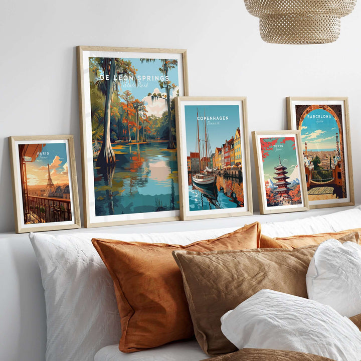 De Leon Springs poster and travel art framed on a stylish bed, showcasing natural beauty and vibrant colors.