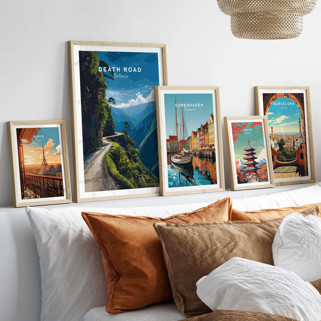Death Road Print | South America Adventure Decor | Yungas Road Poster showcased among other travel-themed wall art in a cozy setting.