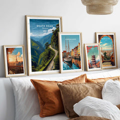 Death Road Andes Print | Yungas Road Poster displayed among other travel posters on a stylish wall.