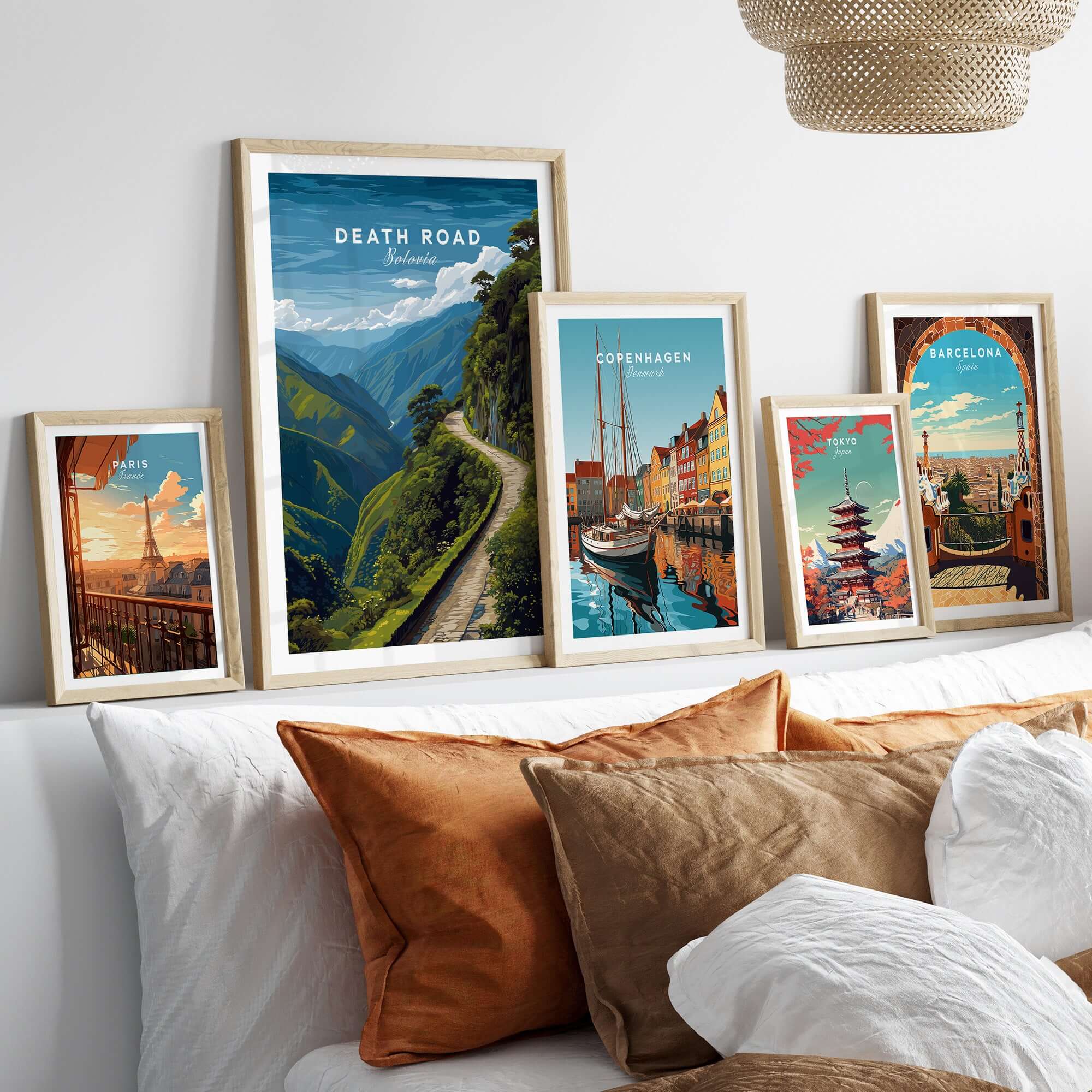 Death Road Andes Print | Yungas Road Poster displayed among other travel posters on a stylish wall.